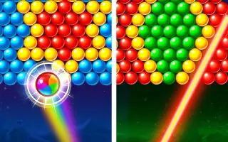 Colorful bubble shooter game featuring vibrant rainbow balls and floating bubbles in an engaging gameplay setting.