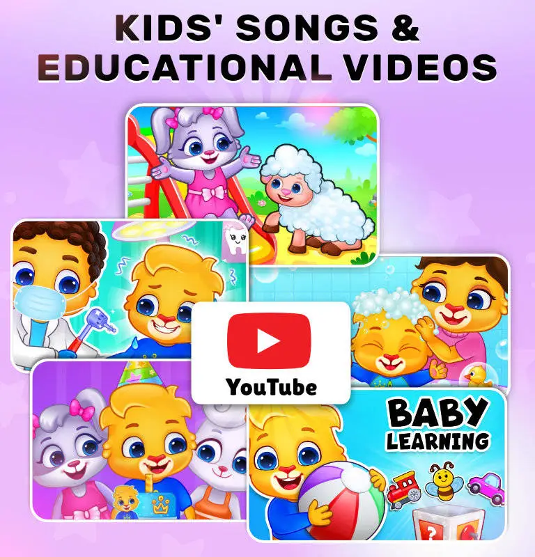 Cheerful banner promoting educational videos and songs for kids, featuring Lucas, Ruby and friends.