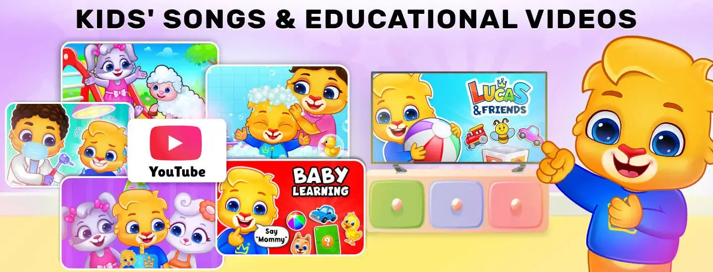 Cheerful banner promoting educational videos and songs for kids, featuring Lucas, Ruby and friends.