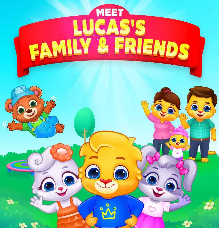 Meet Lucas Family and Friends, showcasing Lucas alongside his family and friends in a colorful and engaging layout.