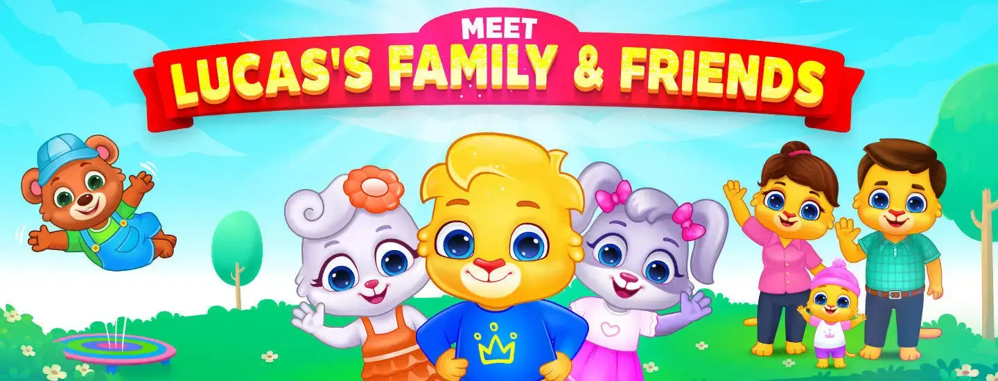 Meet Lucas Family and Friends, showcasing Lucas alongside his family and friends in a colorful and engaging layout.