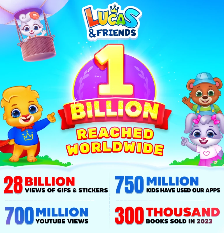 Lucas & Friends characters celebrate 1 billion global reach, highlighting 24 billion GIF views, 700 million YouTube views, and more.