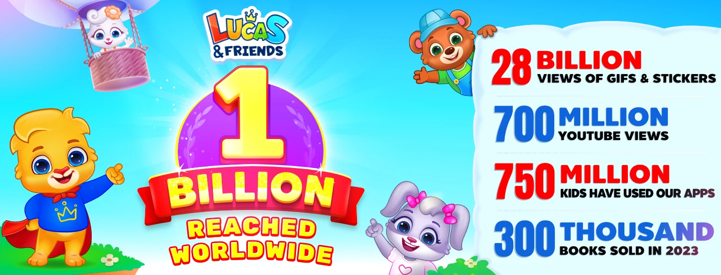 Lucas & Friends characters celebrate 1 billion global reach, highlighting 24 billion GIF views, 700 million YouTube views, and more.