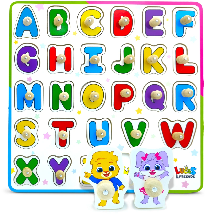 Wooden alphabet puzzle for toddlers by Lucas & Friends, ABC peg puzzle learning toy