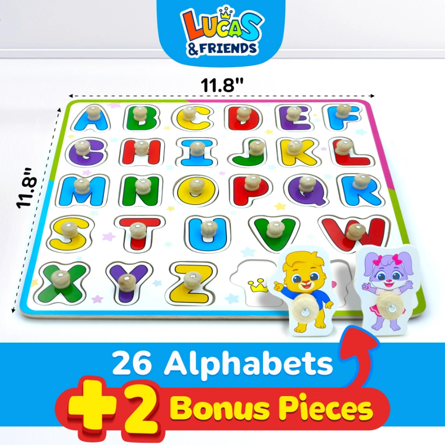 wooden puzzle with 26 colorful alphabet pieces and 2 bonus pieces by Lucas and friends