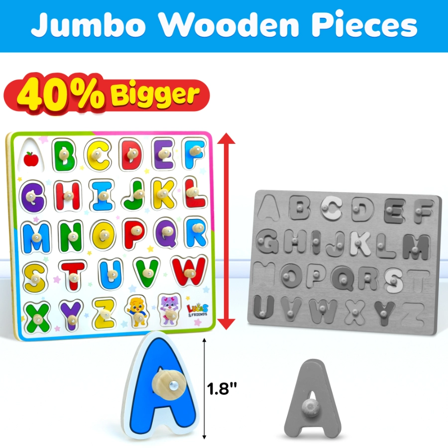 Wooden ABC peg puzzle in which the pieces with larger than standard size