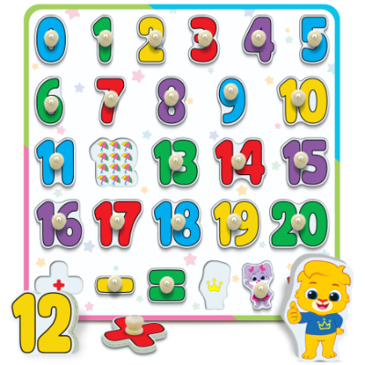 Number puzzle with colorful numbers 0-20, plus and minus signs, and Lucas and Ruby from Lucas and Friends.