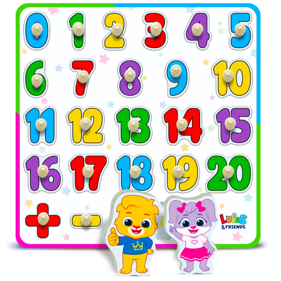 Number puzzle with colorful numbers 0-20, plus and minus signs, and Lucas and Ruby from Lucas and Friends.