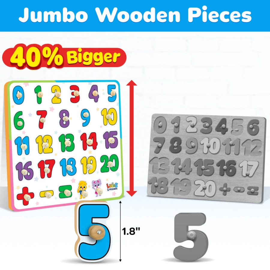 Jumbo wooden number puzzle with larger pieces, featuring numbers 0-20 and basic arithmetic symbols by Lucas & Friends