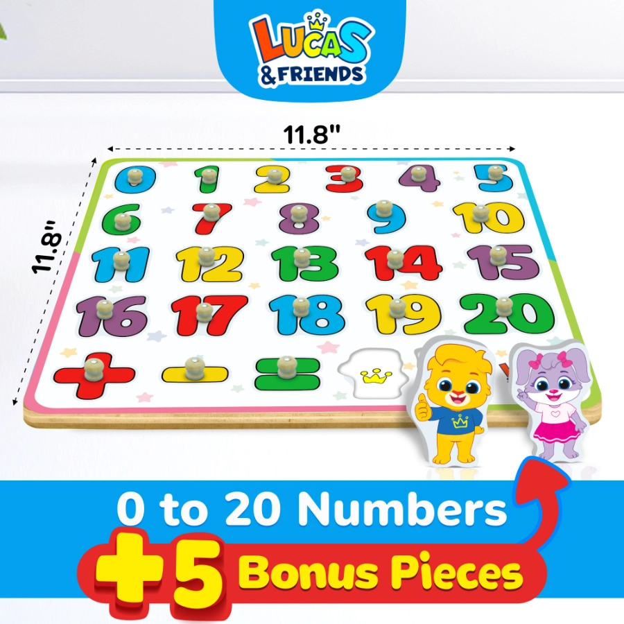 Wooden number puzzle featuring 0-20 and basic arithmetic symbols with 5 additional pieces and features Lucas & Ruby