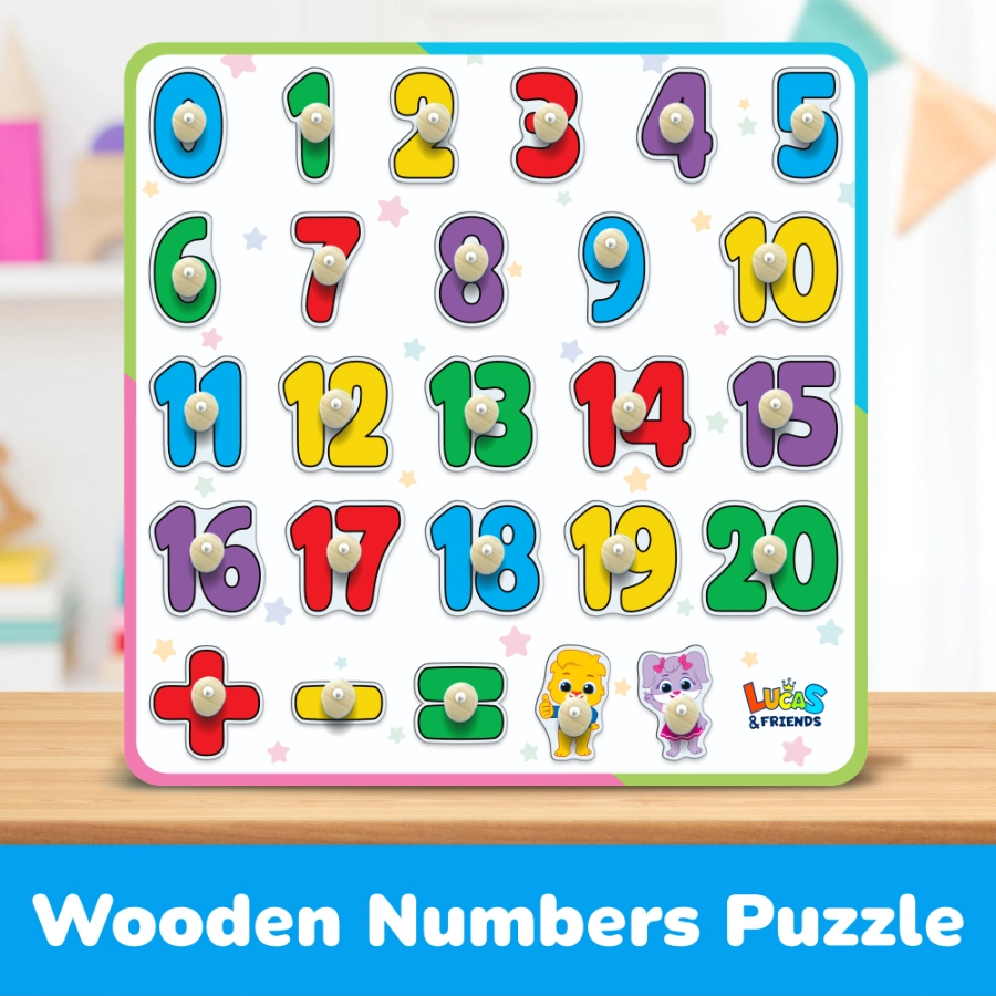 wooden number puzzle toy featuring numbers 0-20 and basic arithmetic symbols