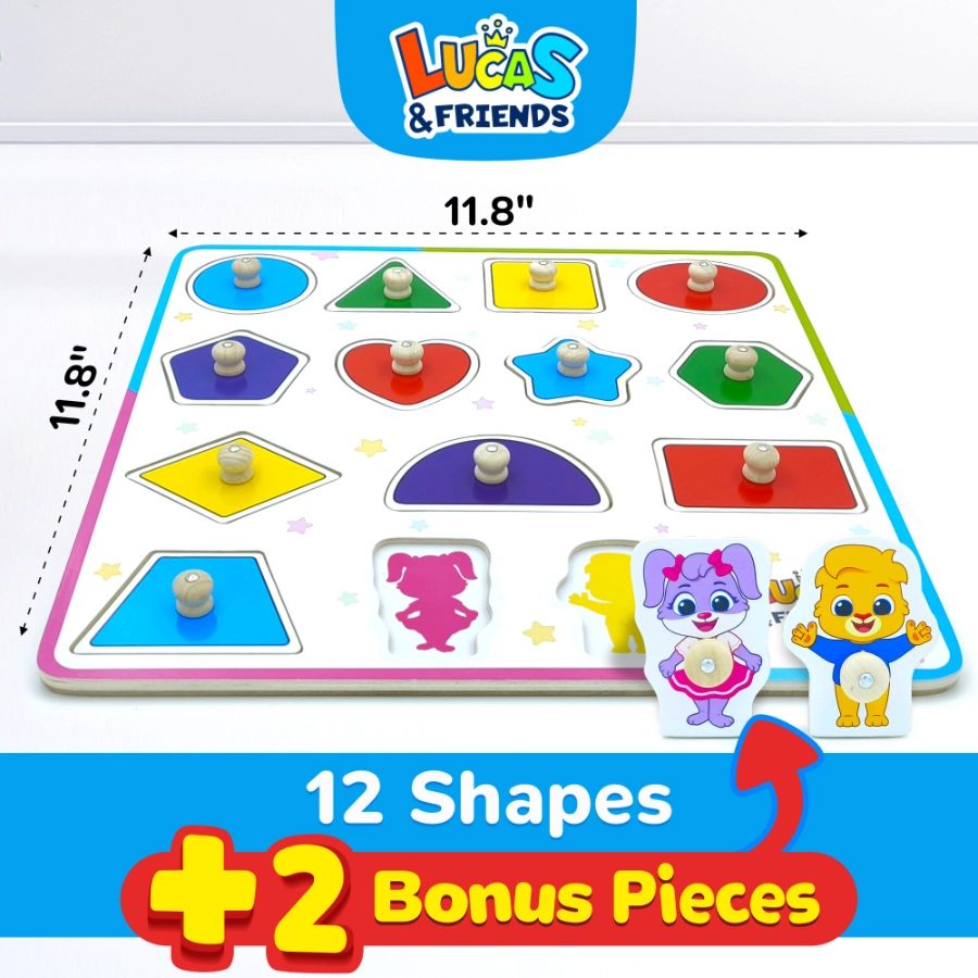 Lucas and Friends wooden peg puzzle with 12 shapes and 2 Bonus pieces featuring Lucas and Ruby