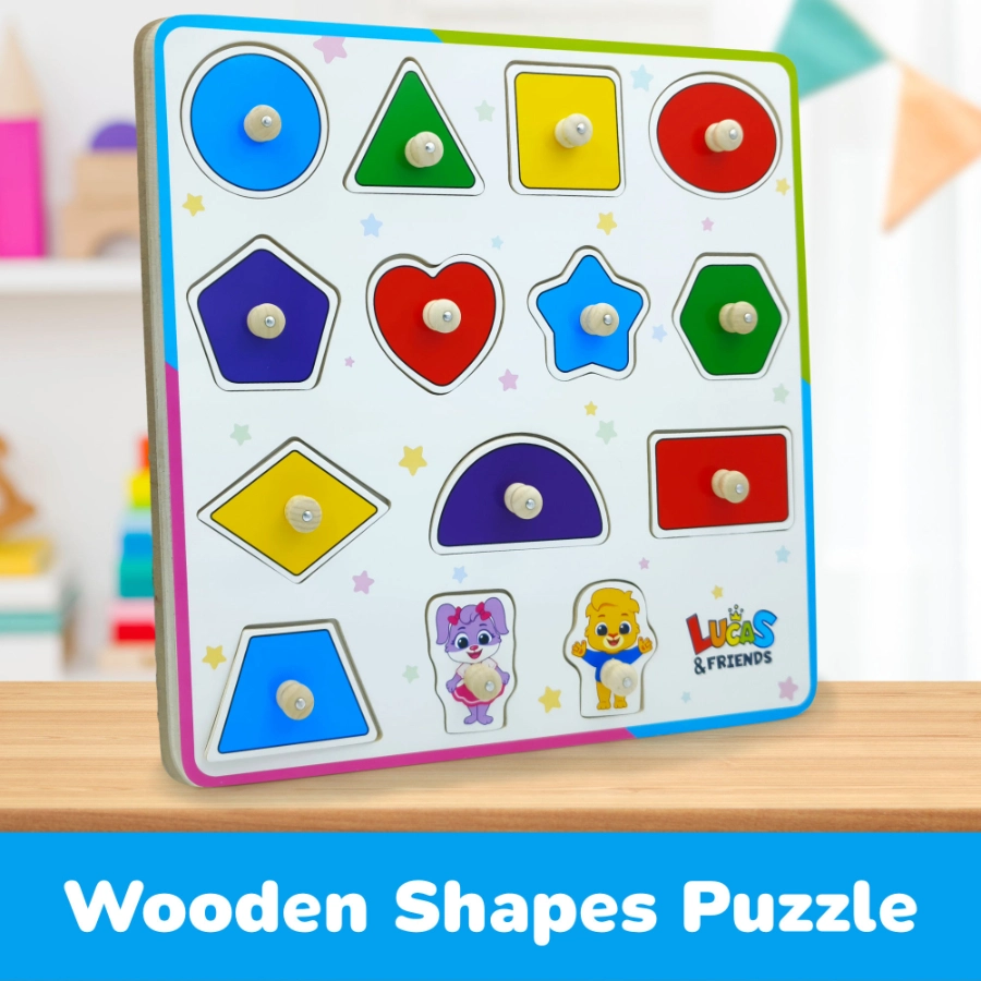 Wooden shape puzzle toy to learn geometric shapes, plus two cartoon character pieces of Lucas and Ruby