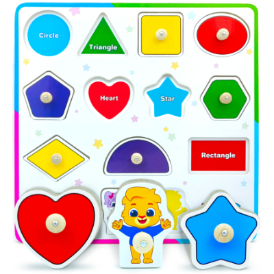 Educational wooden shapes toy for toddlers, learning peg puzzles for kids by Lucas & Friends.