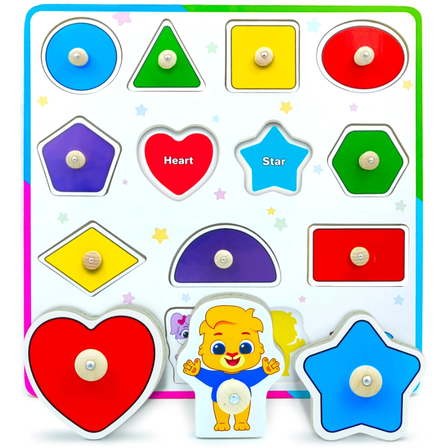 Educational wooden shapes toy for toddlers, learning peg puzzles for kids by Lucas & Friends.