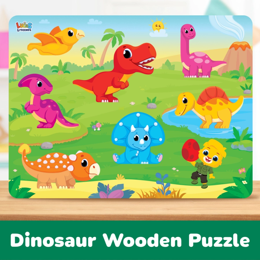 Colorful wooden puzzle featuring various dinosaurs