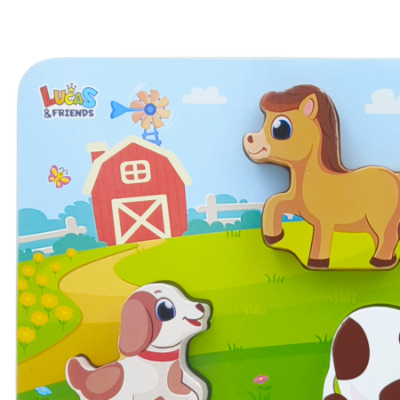 Jumbo wooden farm animal puzzles for toddlers by Lucas and Friends, Montessori learning toys.