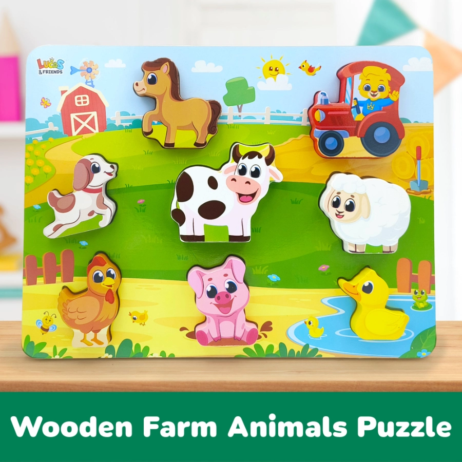 Wooden farm animal puzzle with pieces with horse, dog, cow, sheep, chicken, pig, duck, and lucas with tractor.