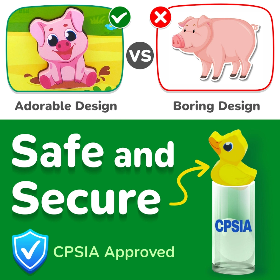 Adorable farm animals design vs. boring design. CPSIA approved safe and secure product.