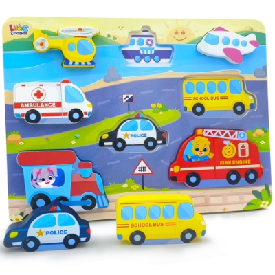 Wooden vehicle puzzles, educational learning toys for children by Lucas & Friends.