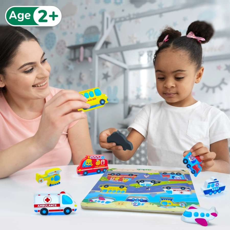 Colorful Wooden Puzzle Featuring Vehicles, Fun and Interactive Toys for kids