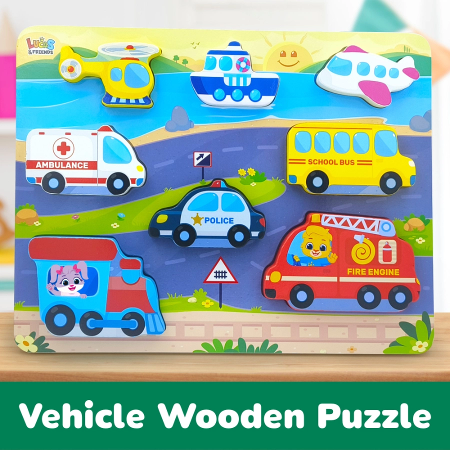 Cute wooden vehicle toys chunky puzzles with jumbo pieces and easy grip