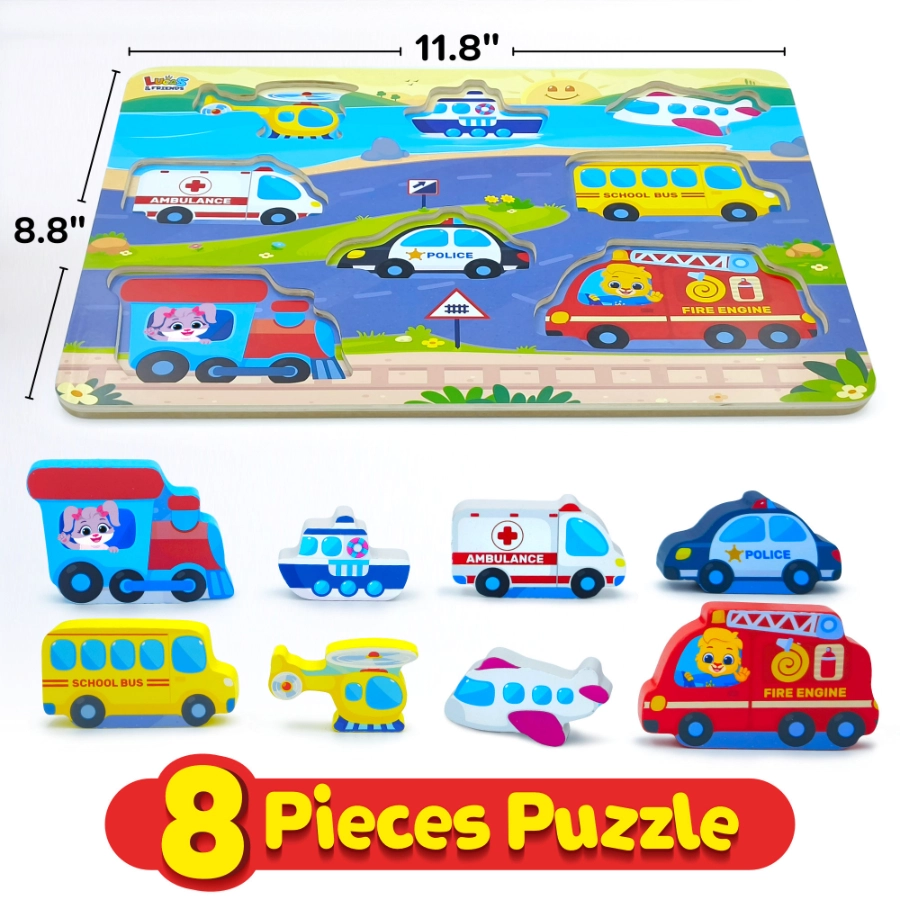 wooden vehicle puzzle like car, ambulance, police car, fire truck, school bus, helicopter, airplane and train