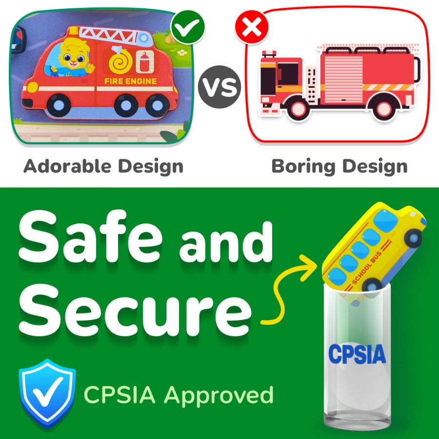 Safe and secure wooden vehicle puzzle for kids with CPSIA approved