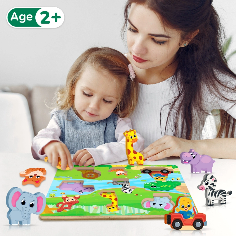 Colorful wooden animal puzzles for kids aged 2+ for interactive play