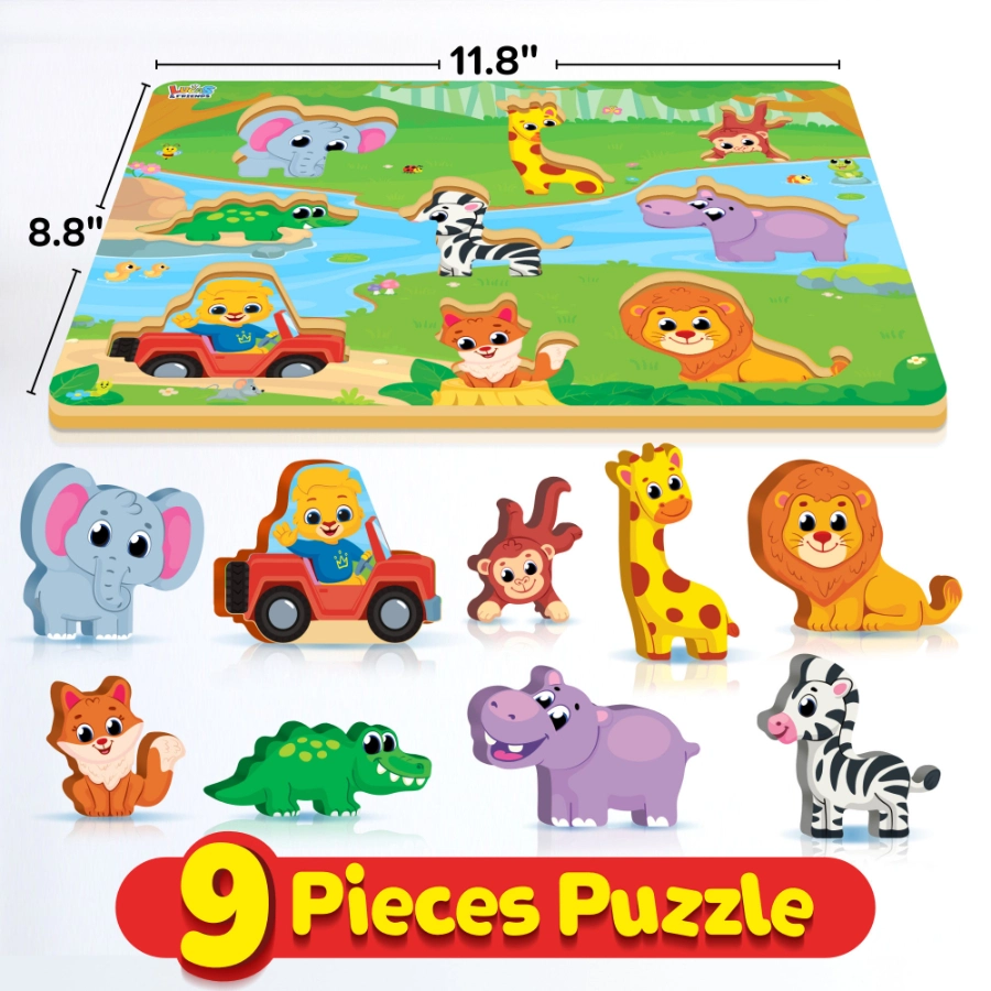 9-piece wooden animal puzzle featuring various cartoon animals in a safari scene