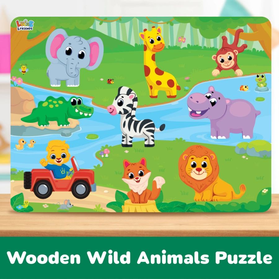 wooden puzzle toy featuring cartoon wild animals in a jungle scene