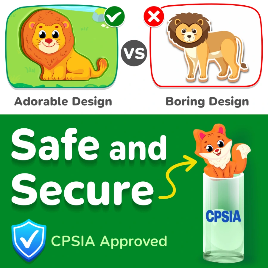 adorable lucas and friends wooden wild animals vs boring designs, CPSIA-approved safety.