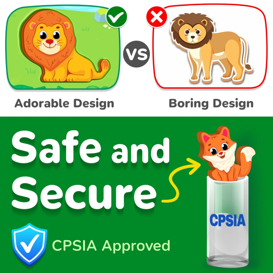 adorable lucas and friends wooden wild animals vs boring designs, CPSIA-approved safety.