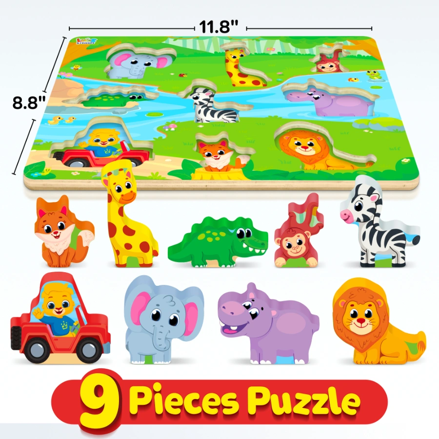 9-piece wooden animal puzzle featuring various cartoon animals in a safari scene