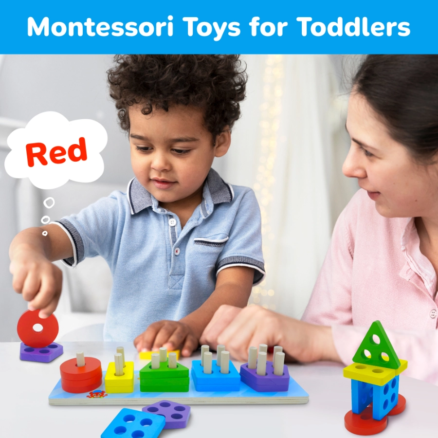 Montessori toys for toddlers for early learning about sorting and stacking