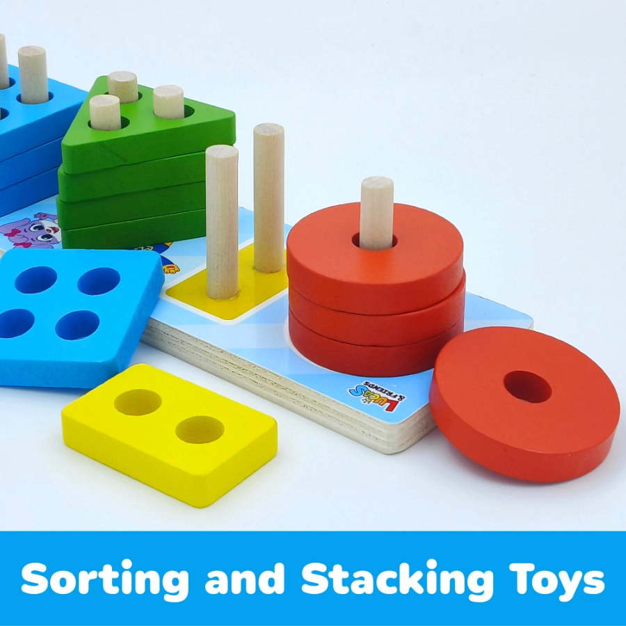 Wooden toy with various shapes and colors for learning and sorting