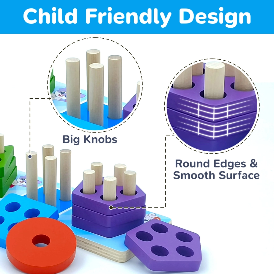 Sorting and stacking learning wooden toy with big knobs, round edge and smooth surfaces