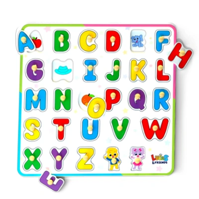 Wooden alphabet puzzle for toddlers by Lucas & Friends, ABC peg puzzle learning toy.