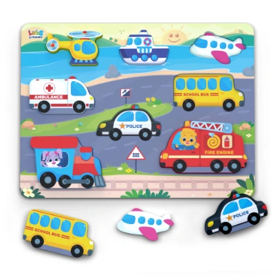 Wooden vehicle puzzles, educational learning toys for children by Lucas & Friends.