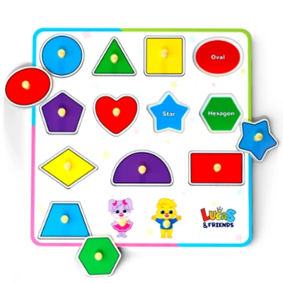 Educational wooden shapes toy for toddlers, learning peg puzzles for kids by Lucas & Friends.